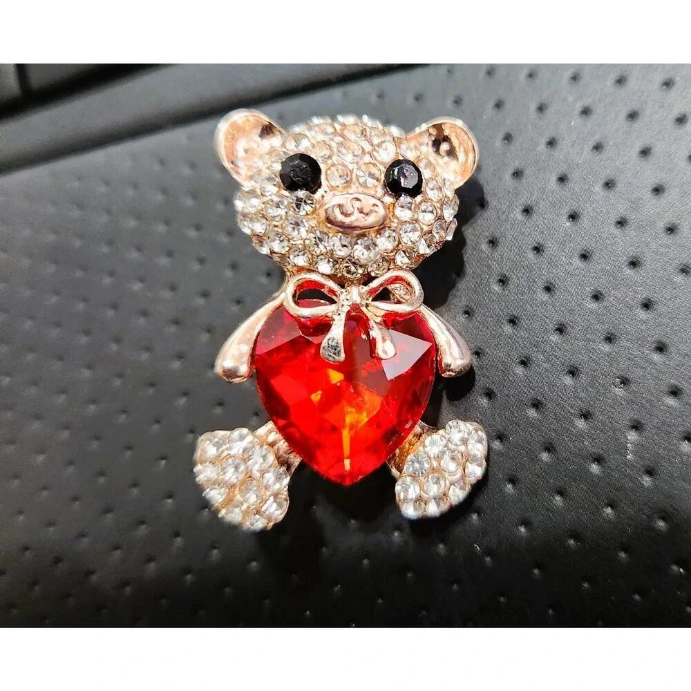 Brooch Rose Gold & Rhinestone Teddy Bear with‎ Red Heart